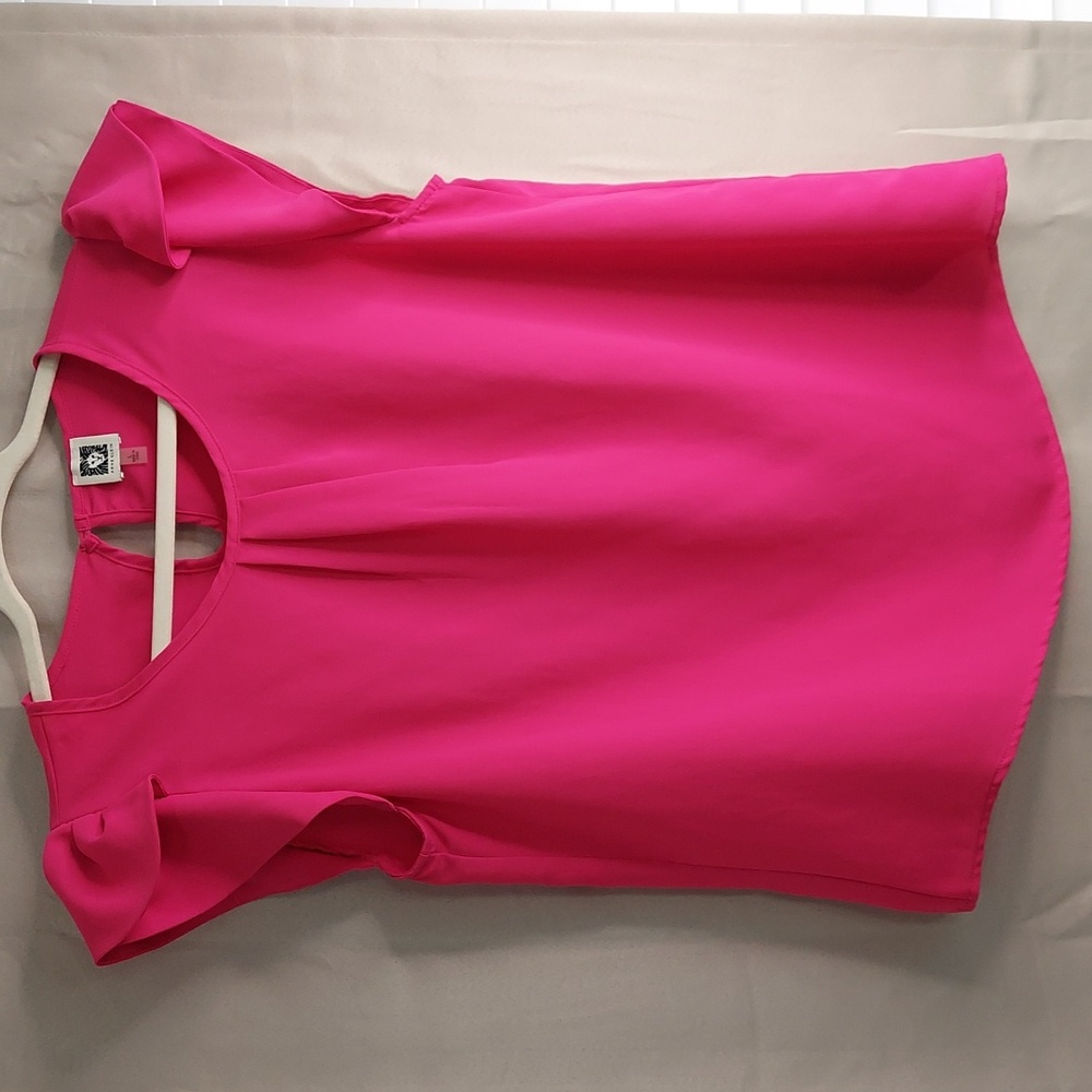 Anne Klein Top, Size Large, Hot Pink, Ruffle Cap Sleeve, Keyhole Button in Back
